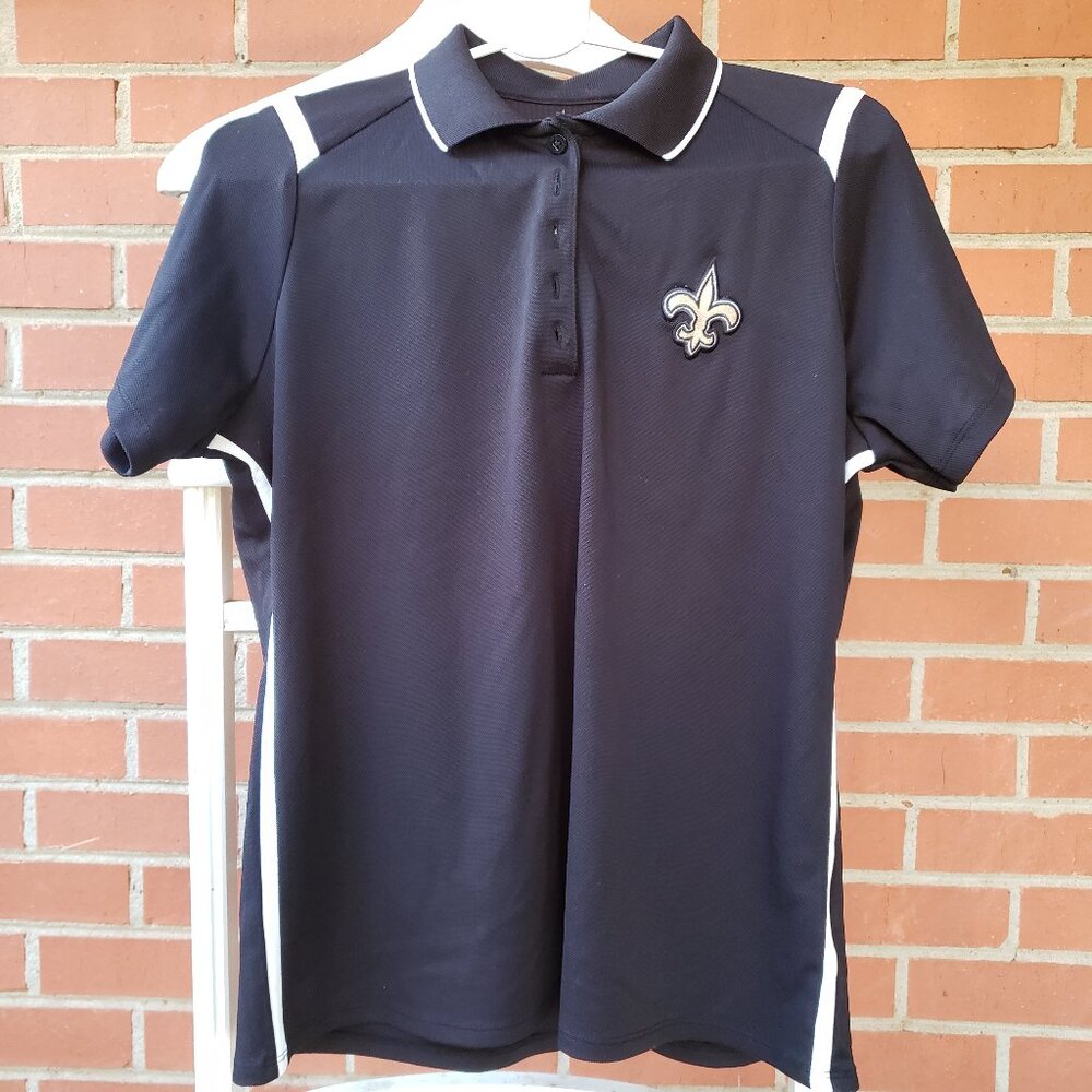 EUC EUC Antigua Polo Shirt Size L NFL New Orleans Saints Black Short Sleeve